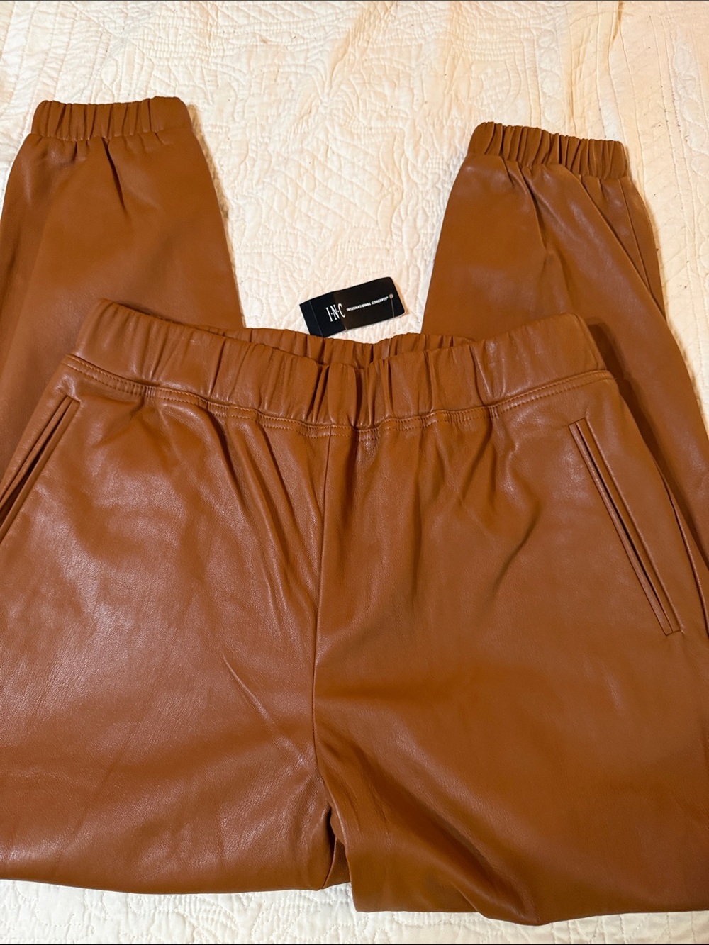 INC International Concepts Faux-Leather Jogger Pants in Cognac Brown. XL. NWT